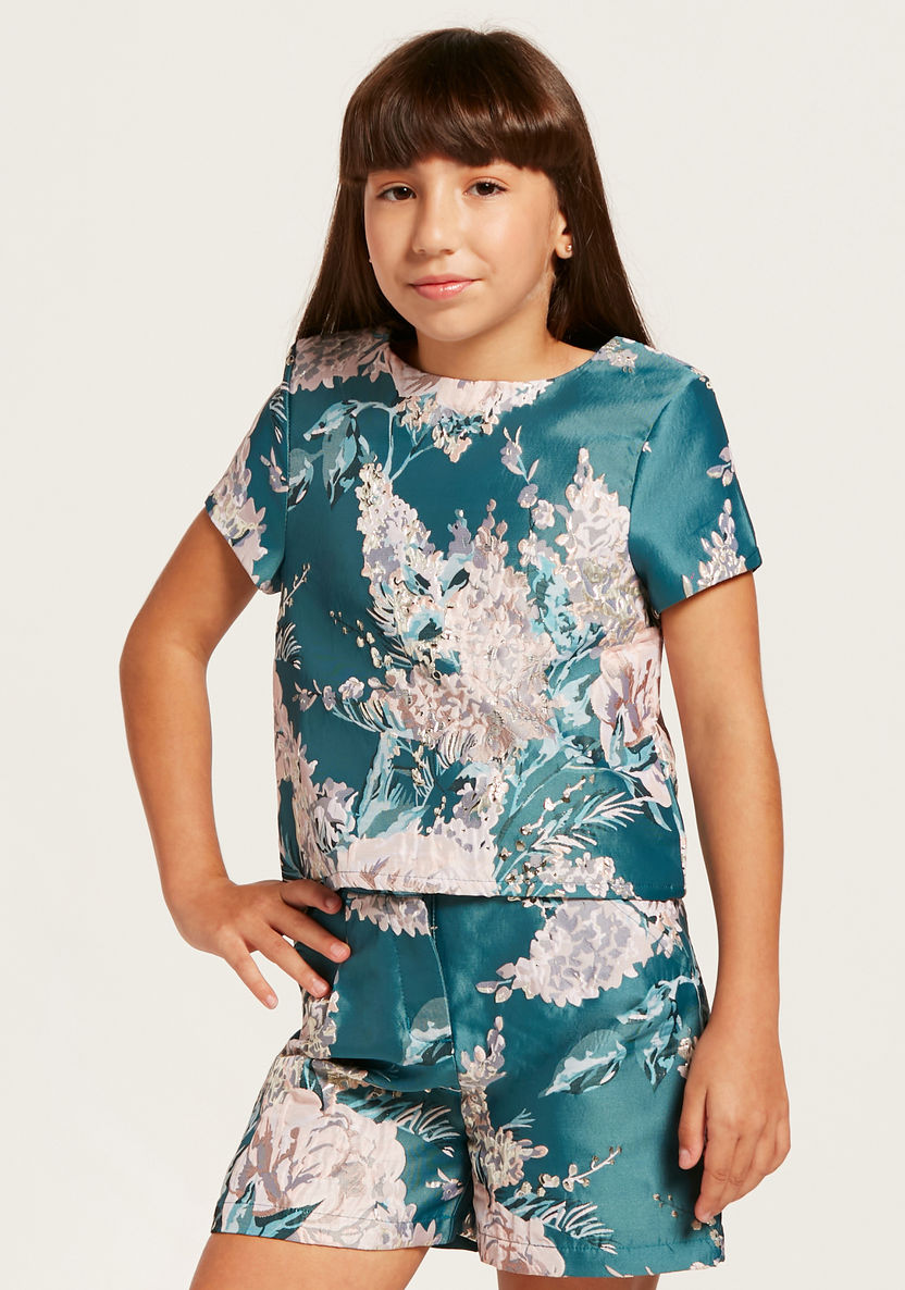 Juniors Floral Print Top with Round Neck and Short Sleeves-Blouses-image-1