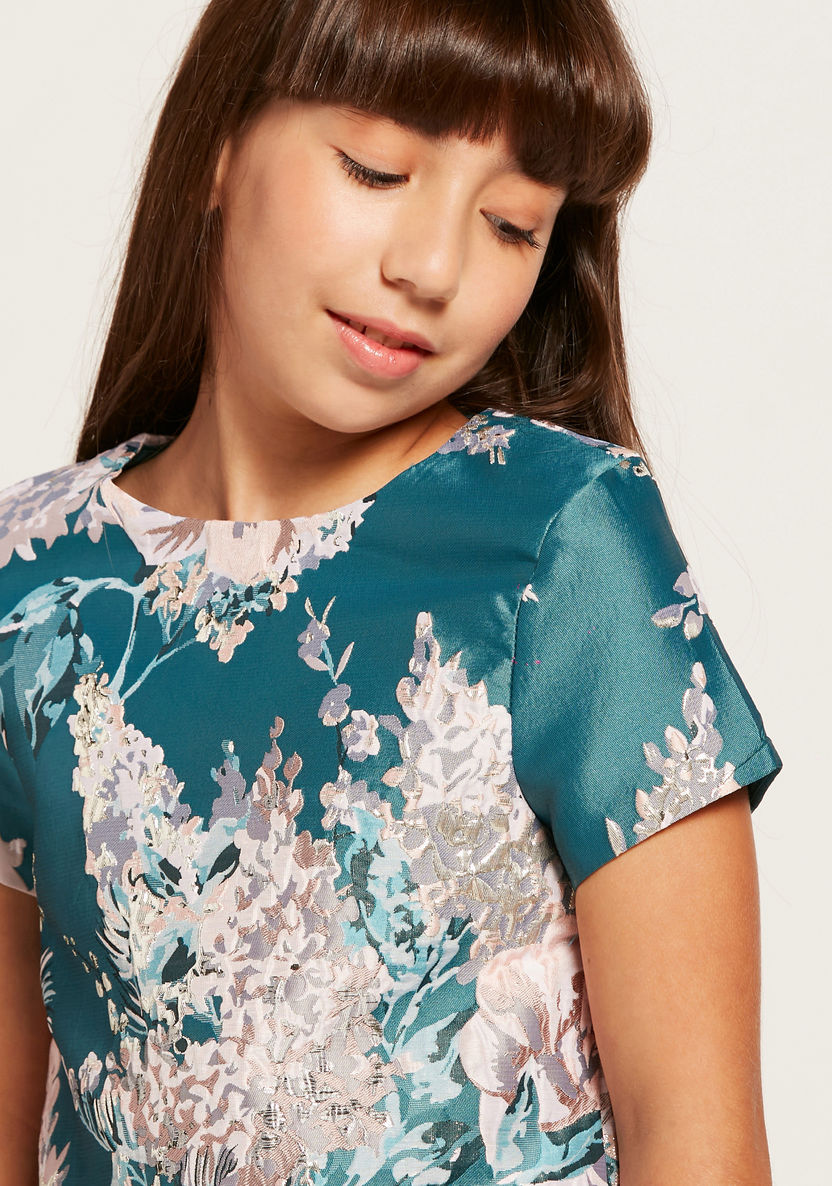 Juniors Floral Print Top with Round Neck and Short Sleeves-Blouses-image-2