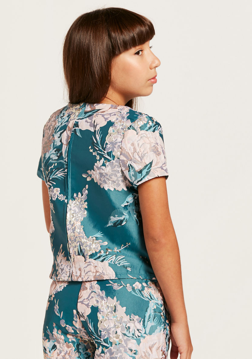 Juniors Floral Print Top with Round Neck and Short Sleeves-Blouses-image-3
