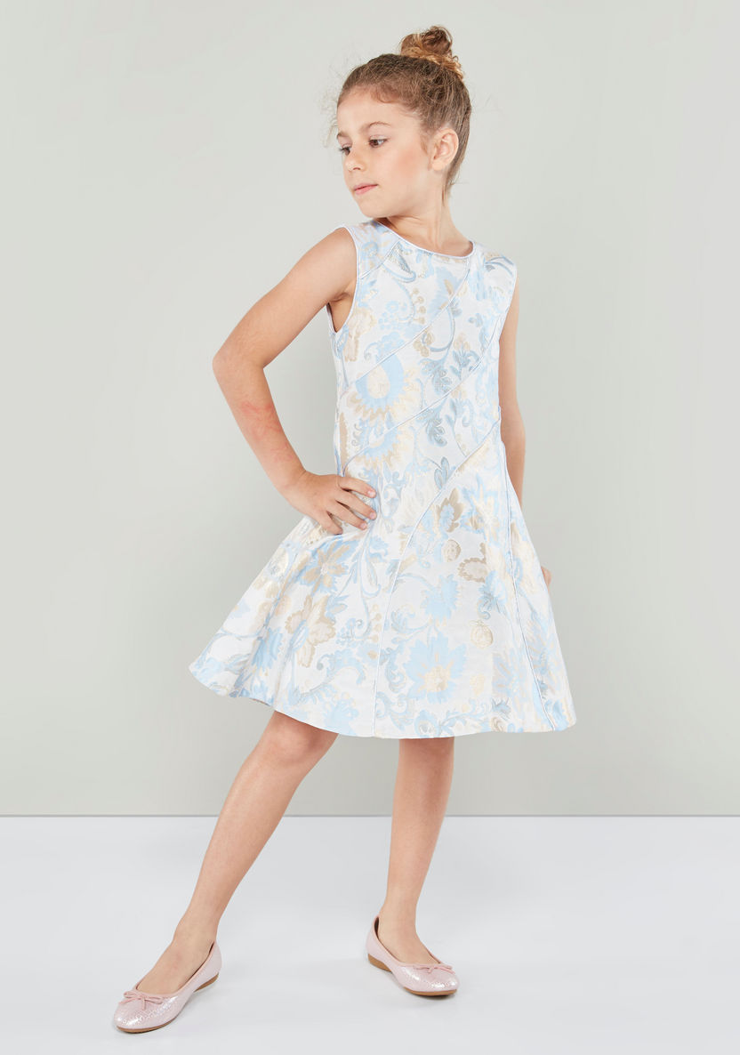 Juniors Printed Sleeveless Dress with Round Neck-Dresses%2C Gowns and Frocks-image-0