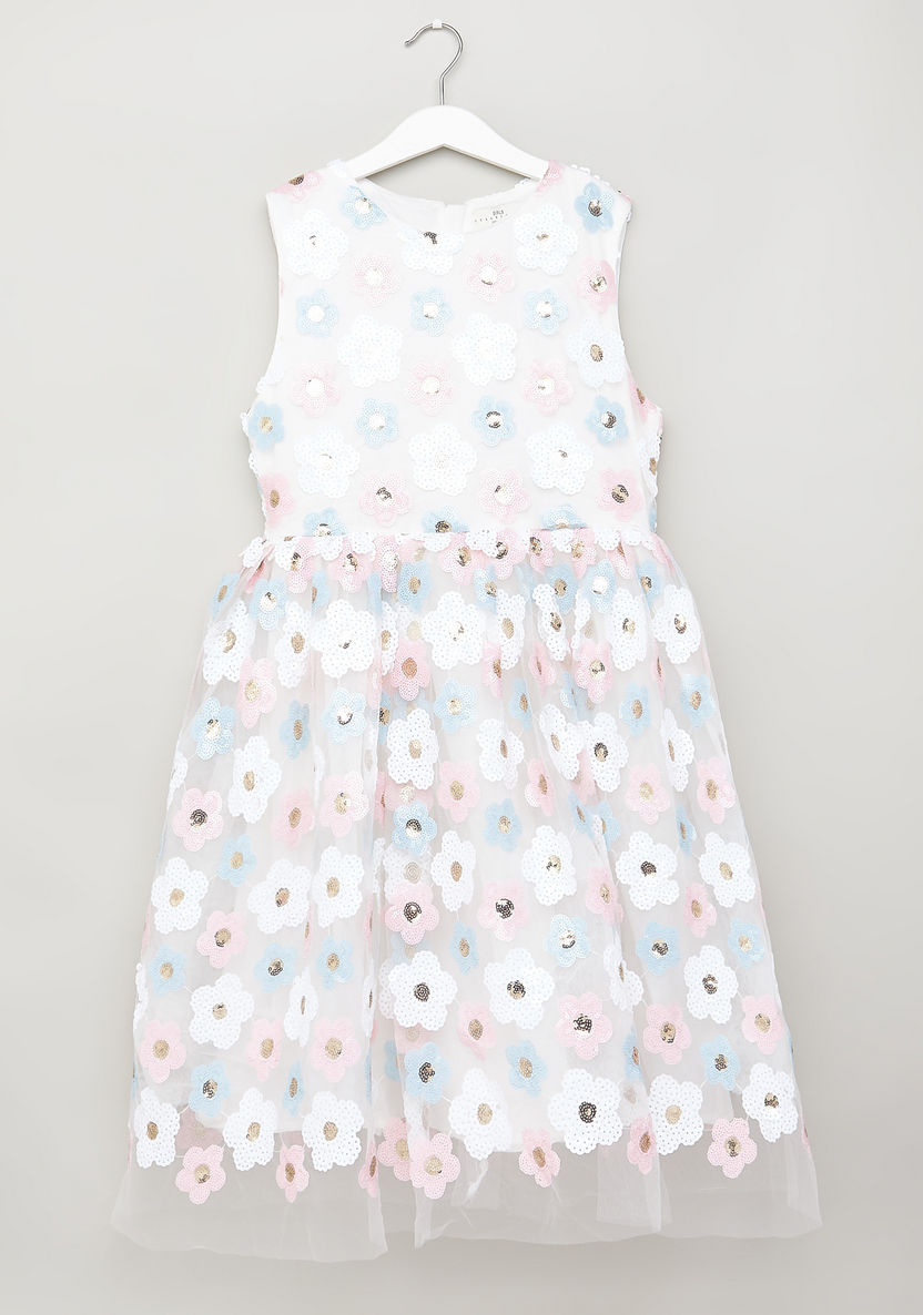 Juniors Flower Applique Sleeveless Dress with Round Neck-Dresses%2C Gowns and Frocks-image-0