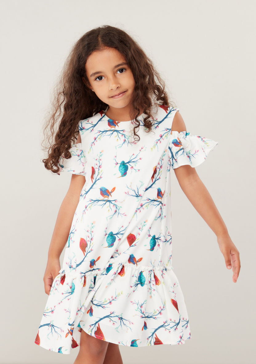 Juniors Printed Cold Shoulder Dress with Round Neck-Dresses%2C Gowns and Frocks-image-0