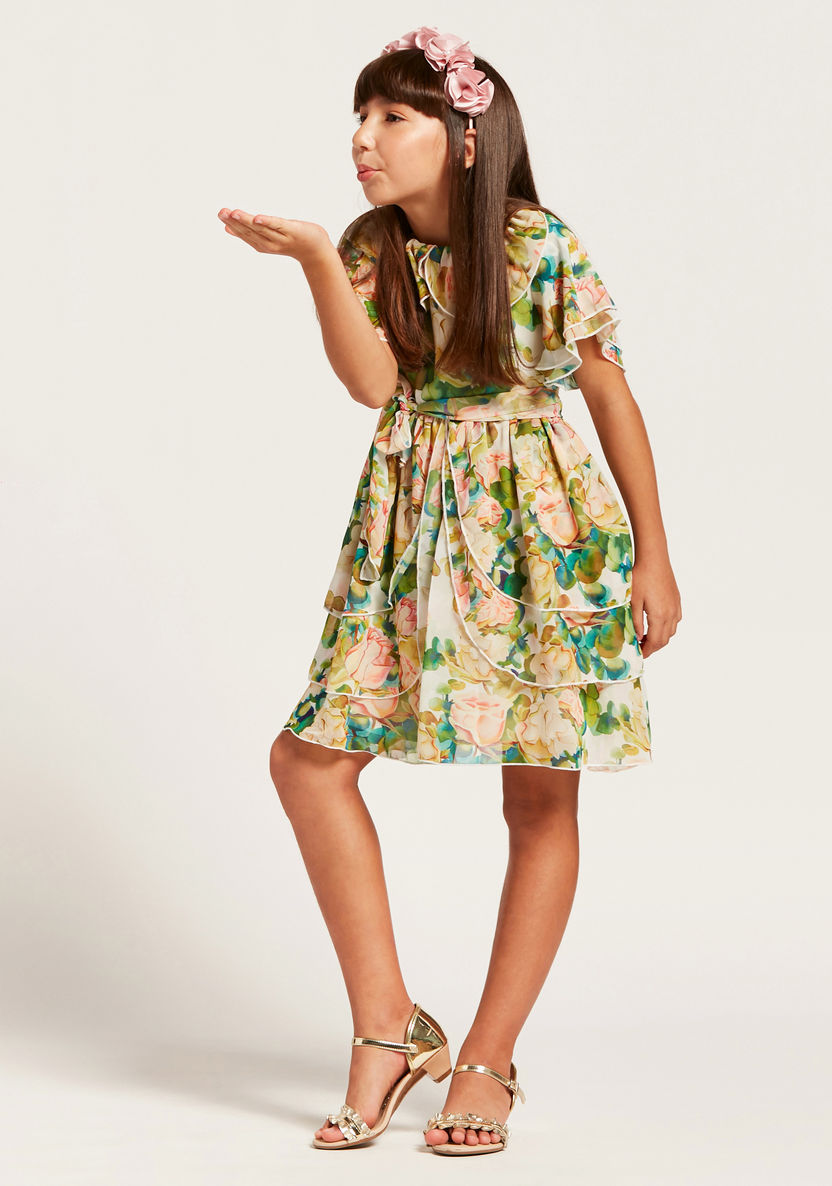 Juniors Floral Print Dress with Bell Sleeves-Dresses%2C Gowns and Frocks-image-0