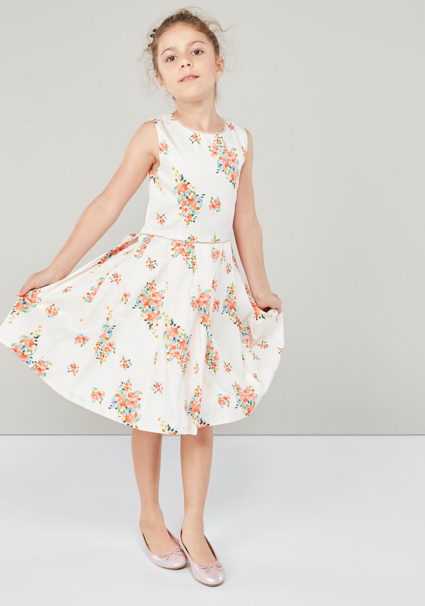 Juniors Floral Print Sleeveless Dress-Dresses%2C Gowns and Frocks-image-0
