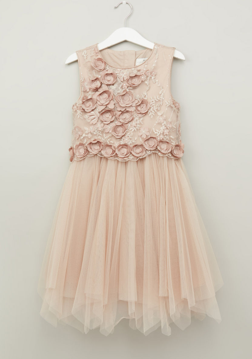 Juniors Sleeveless Dress with Flower Appliques-Dresses%2C Gowns and Frocks-image-0