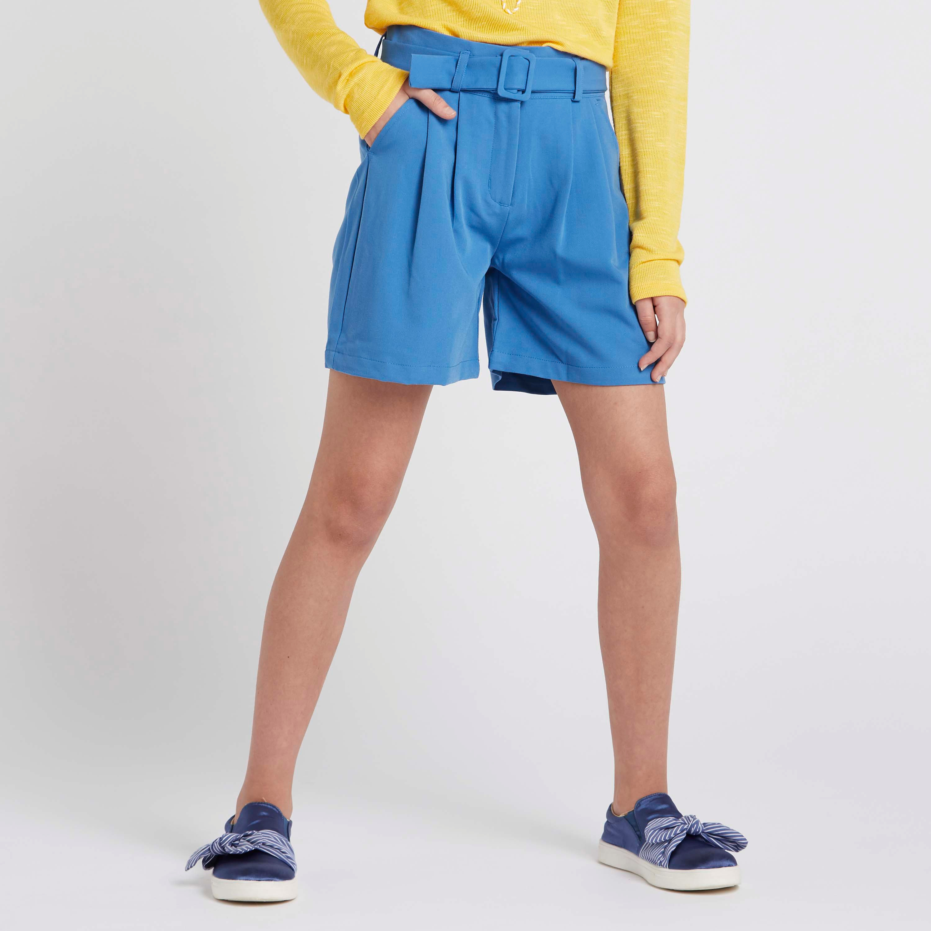 Iconic Solid Woven Pleat Front Shorts with Pockets-girls-clothing-bottoms-shorts-image-1