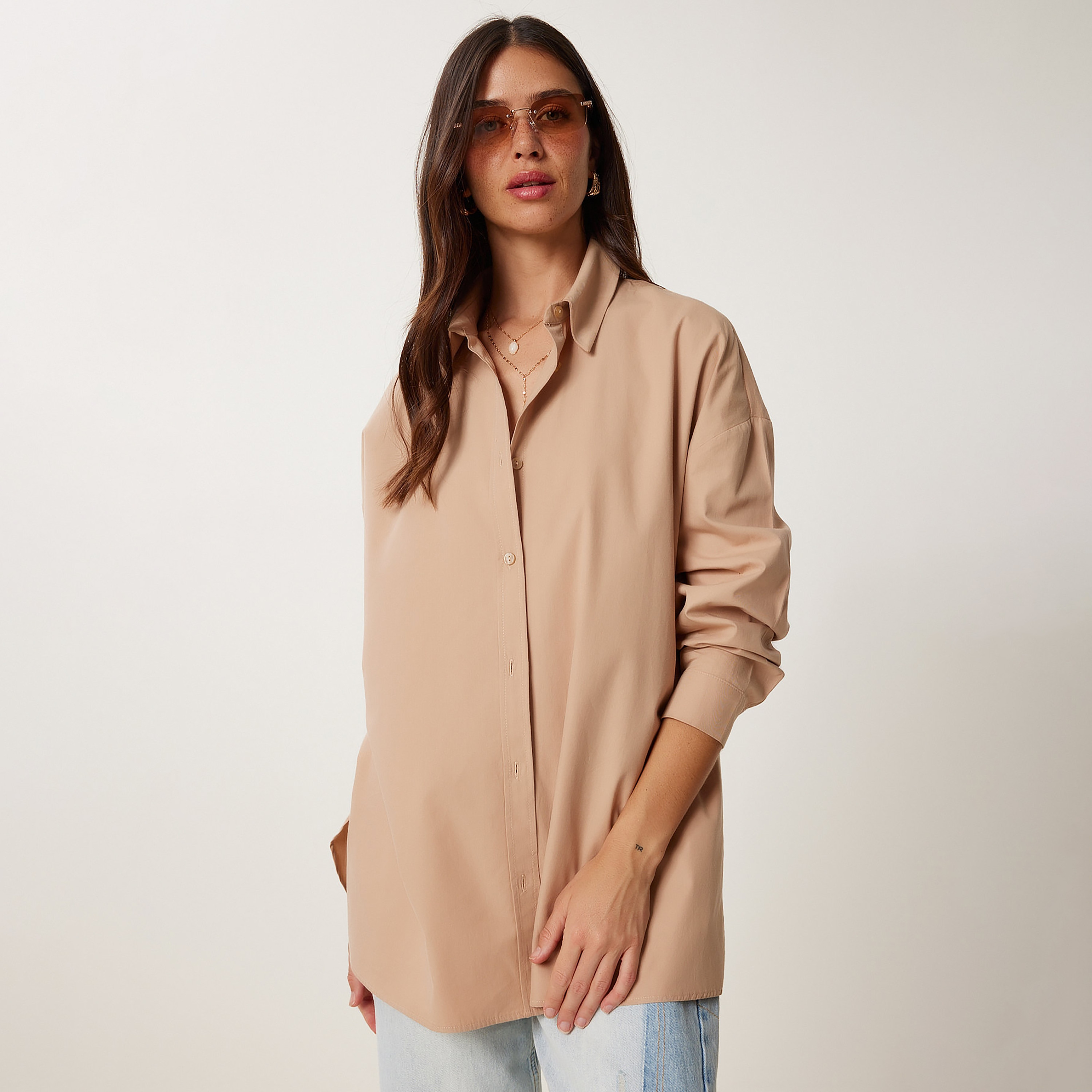 Happiness Istanbul Beige Cotton Spread Collar Drop Shoulder Sleeves Women's Shirt-women-clothing-shirtsandblouses-shirts-image-1
