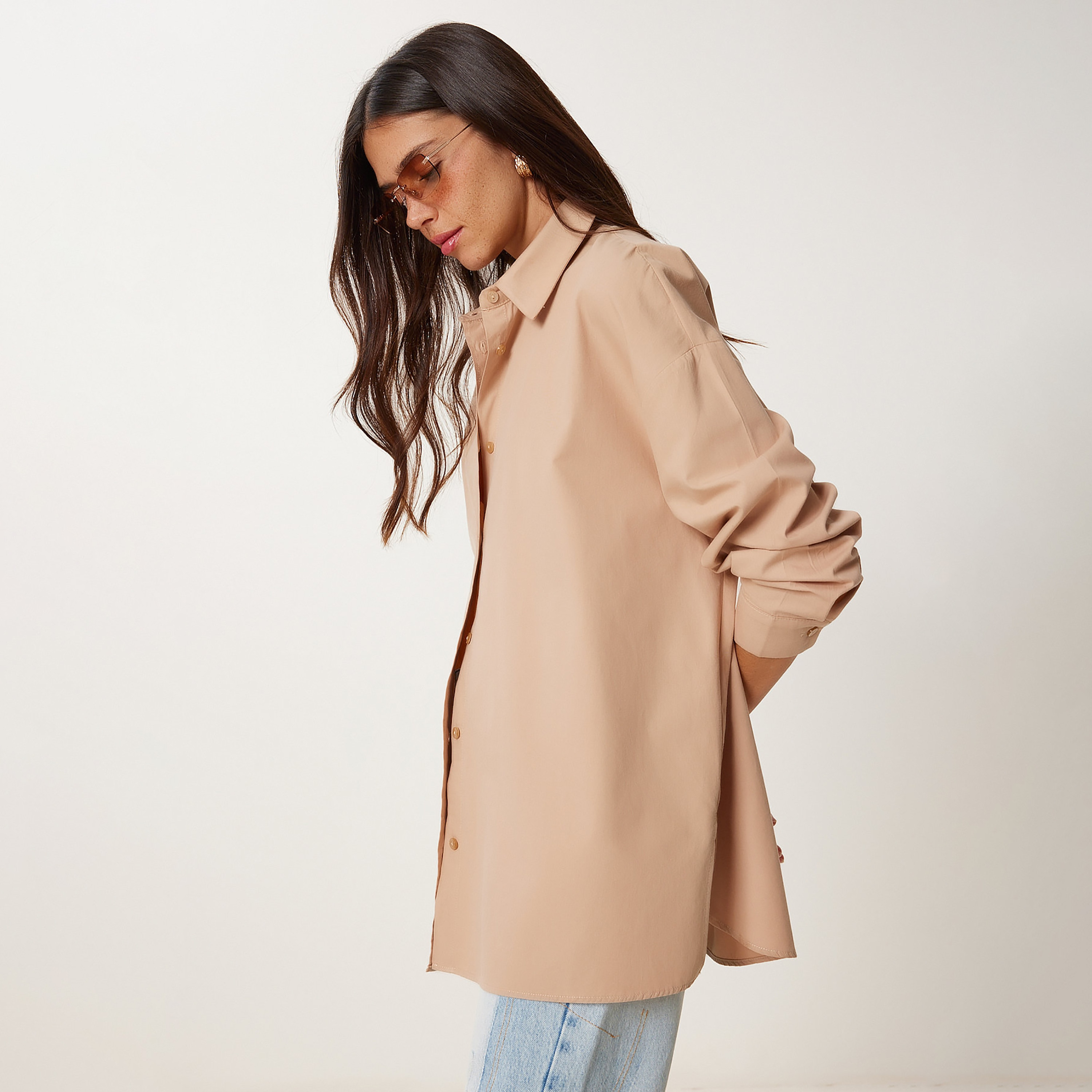 Happiness Istanbul Beige Cotton Spread Collar Drop Shoulder Sleeves Women's Shirt-women-clothing-shirtsandblouses-shirts-image-3