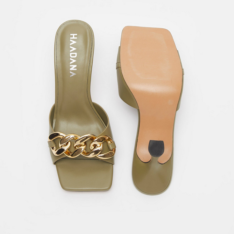 Haadana Chunky Chain Accented Slip-On Sandals with Stiletto Heels