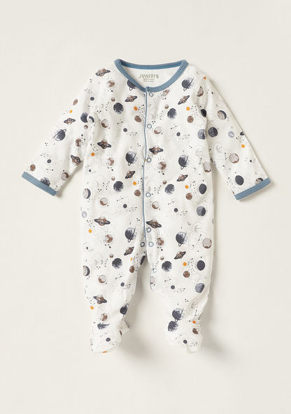 Juniors Space Print Closed Feet Sleepsuit with Round Neck and Long Sleeves-Sleepsuits-image-0