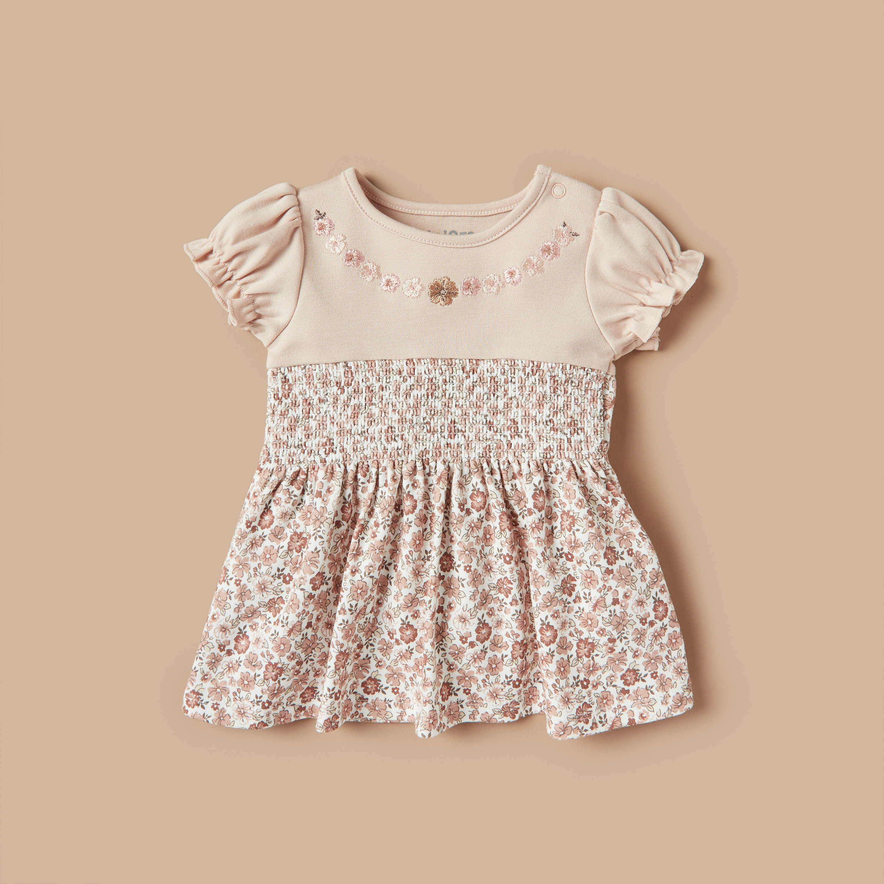 Juniors All-Over Floral Print A-line Dress with Short Sleeves and Round Neck-baby-girls-clothing-dressesandjumpsuits-image-1