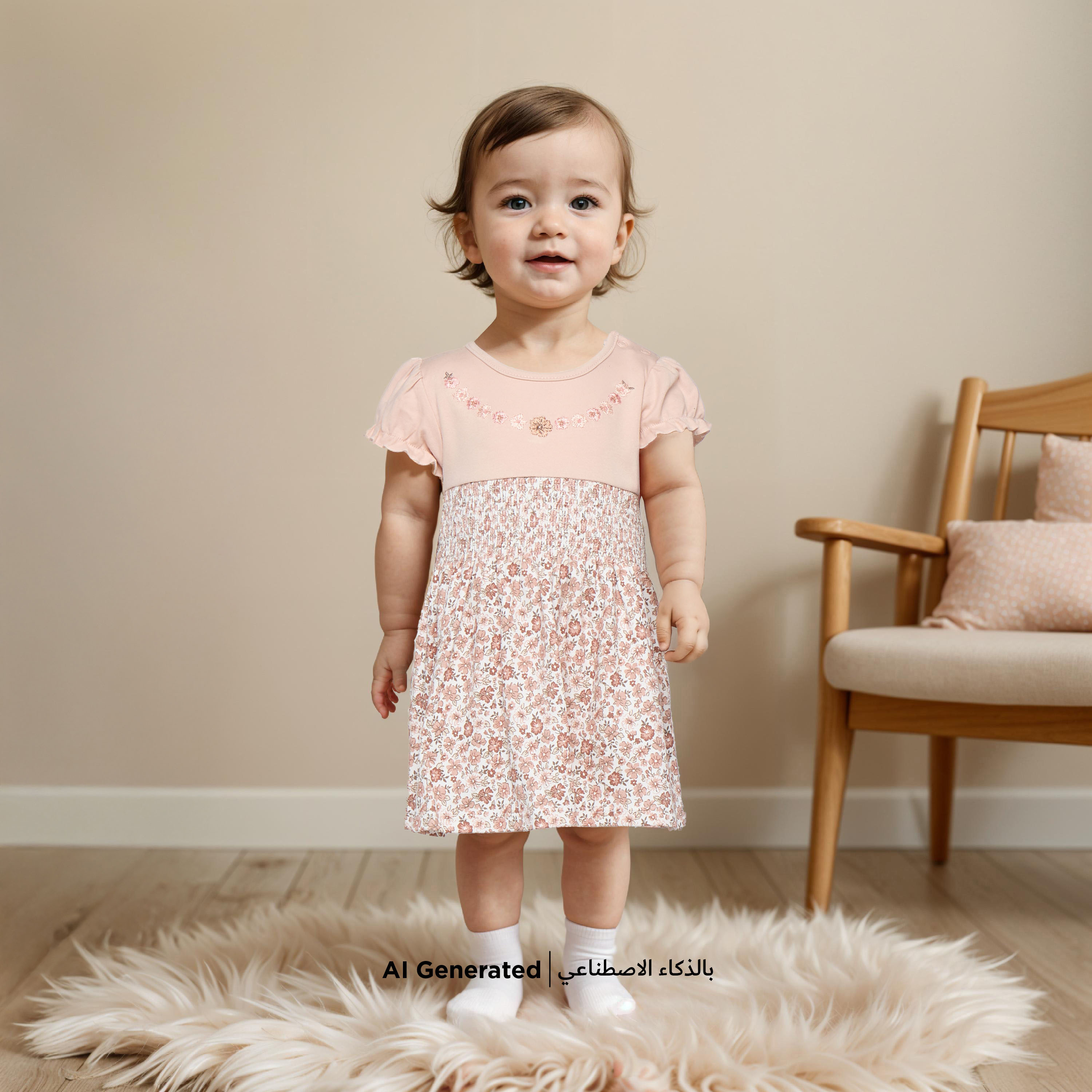 Juniors All-Over Floral Print A-line Dress with Short Sleeves and Round Neck-baby-girls-clothing-dressesandjumpsuits-image-6