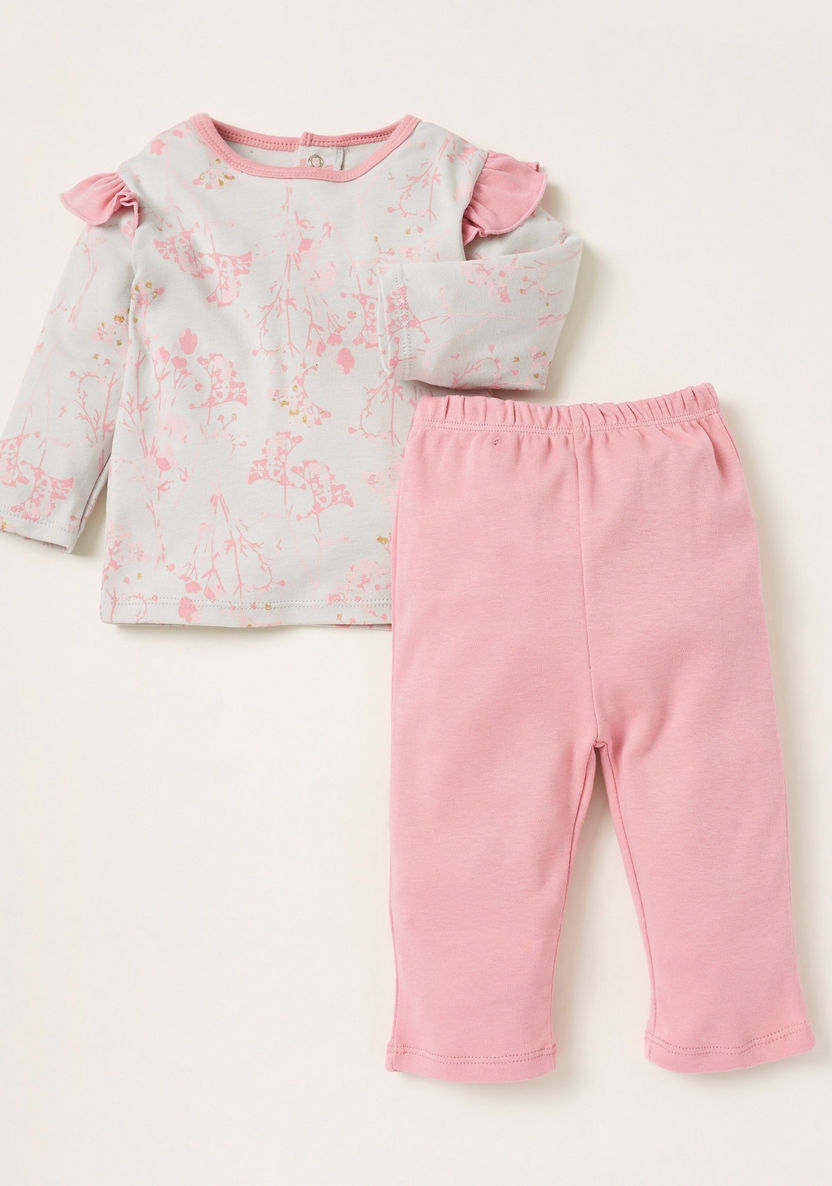 Juniors Floral Print Top and Solid Pyjama Set-Pyjama Sets-image-0