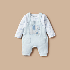 Juniors Elephant Embroidered T-shirt and Dungaree Set