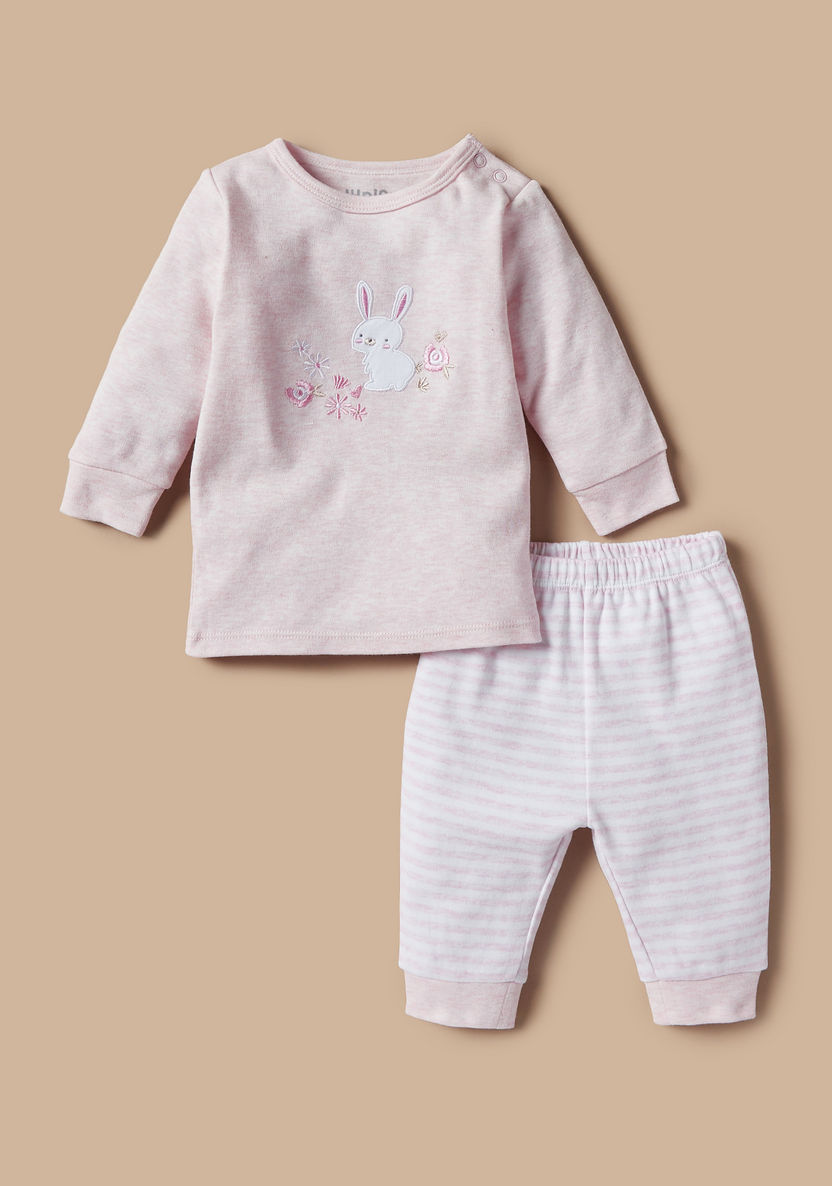 Juniors Bunny Applique Round Neck T-shirt and Pyjama Set-Pyjama Sets-image-0