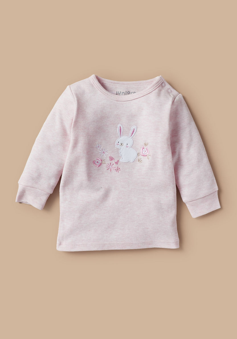 Juniors Bunny Applique Round Neck T-shirt and Pyjama Set-Pyjama Sets-image-1