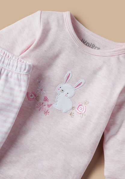 Juniors Bunny Applique Round Neck T-shirt and Pyjama Set-Pyjama Sets-image-3