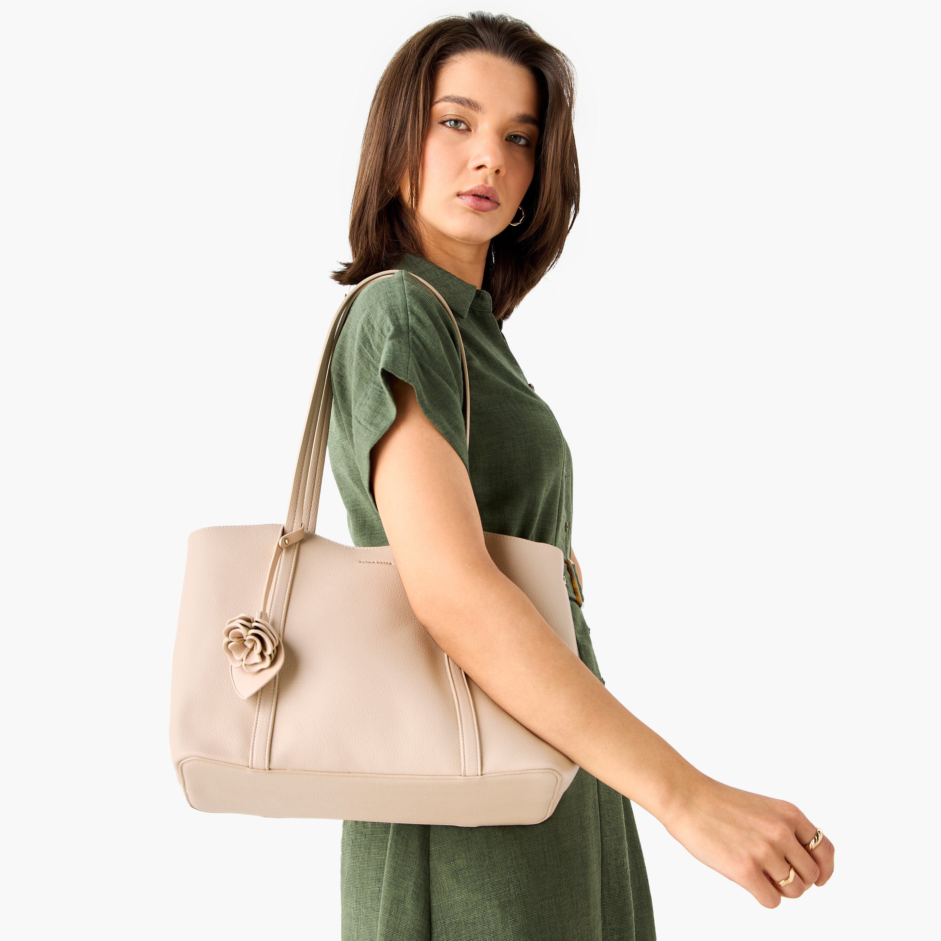 Flora Bella Solid Tote Bag with Double Handles and Floral Charm-women-bagsandwallets-handbags-image-2