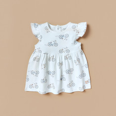 Juniors All-Over Print Dress with Ruffles and Button Closure