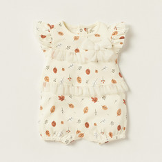 Juniors All Over Print Romper with Round Neck and Lace Detail