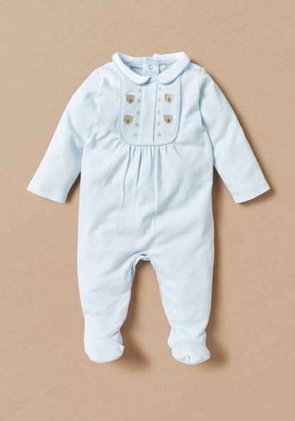Juniors Teddy Bear Embroidered Sleepsuit with Long Sleeves and Collar-Sleepsuits-image-0