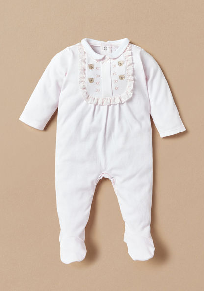 Juniors Teddy Bear Embroidered Sleepsuit with Lace Detail and Long Sleeves-Sleepsuits-image-0