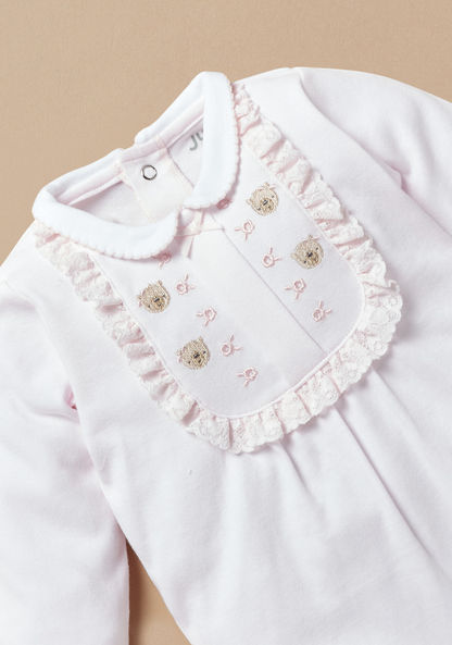 Juniors Teddy Bear Embroidered Sleepsuit with Lace Detail and Long Sleeves-Sleepsuits-image-2