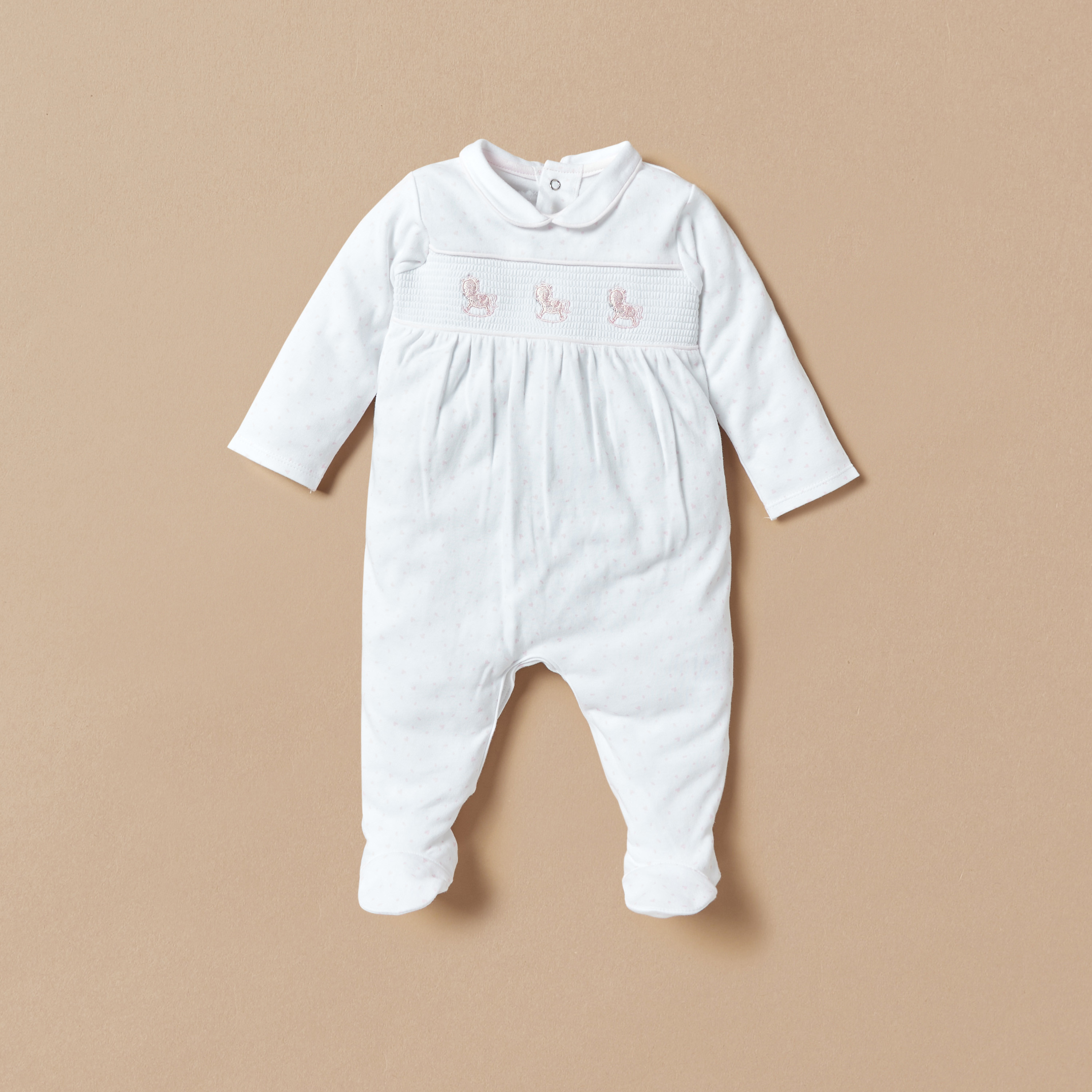 Juniors Horse Embroidered Sleepsuit with Smock Detail  and Long Sleeves-baby-girls-clothing-nightwear-sleepsuits-image-1