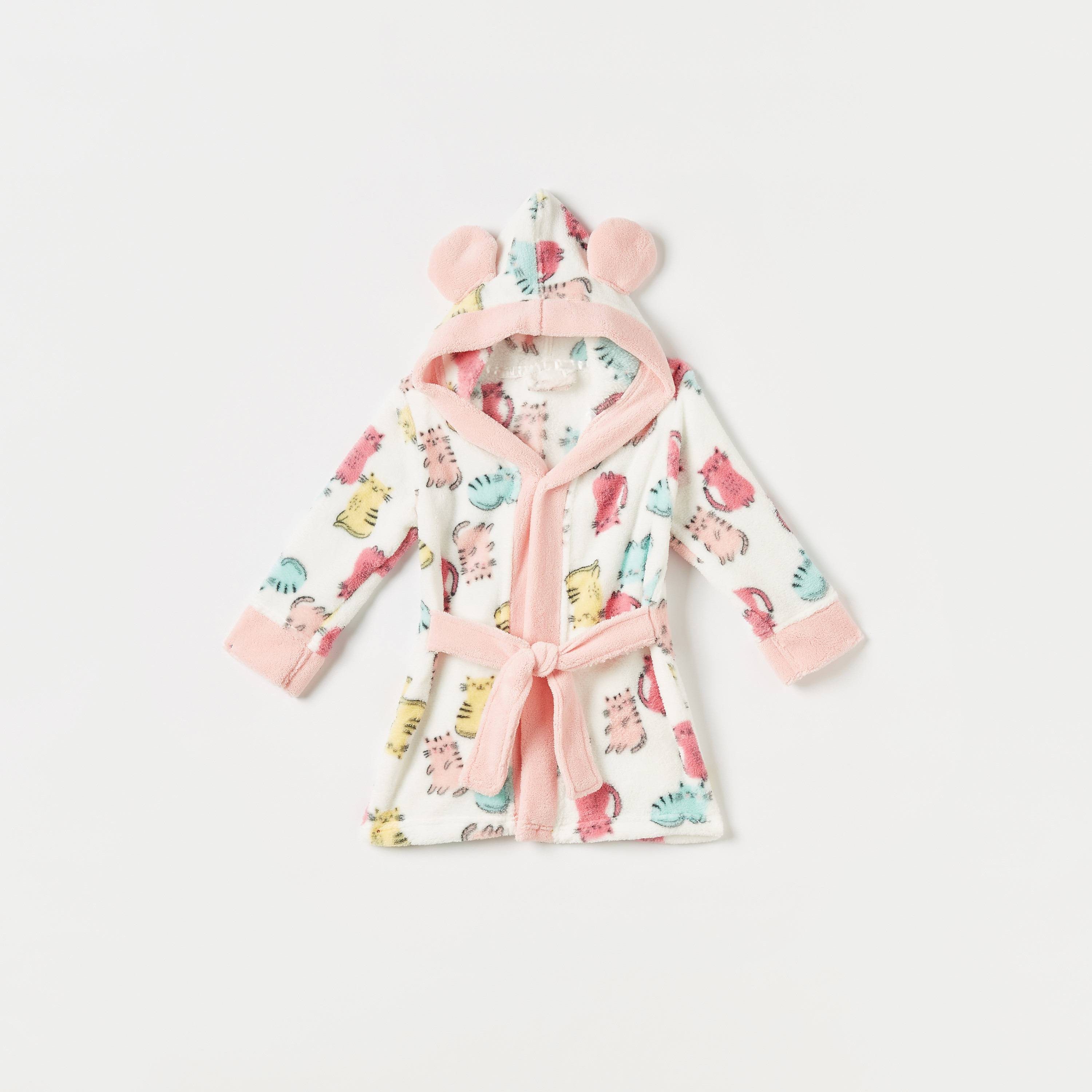 Juniors All-Over Cat Print Fleece Hooded Bathrobe with Ear Applique-baby-bathandcare-towels-image-1