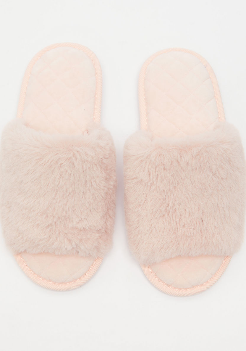 Plush Textured Open Toe Bedroom Slide Slippers-Women%27s Bedroom Slippers-image-0