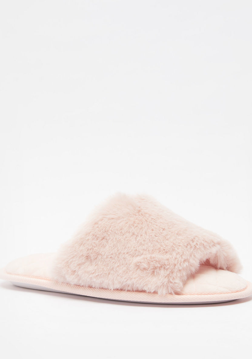 Plush Textured Open Toe Bedroom Slide Slippers-Women%27s Bedroom Slippers-image-1
