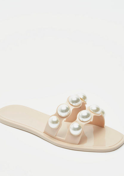 Pearl Embellished Slip-On Sandals-Women%27s Flat Sandals-image-1