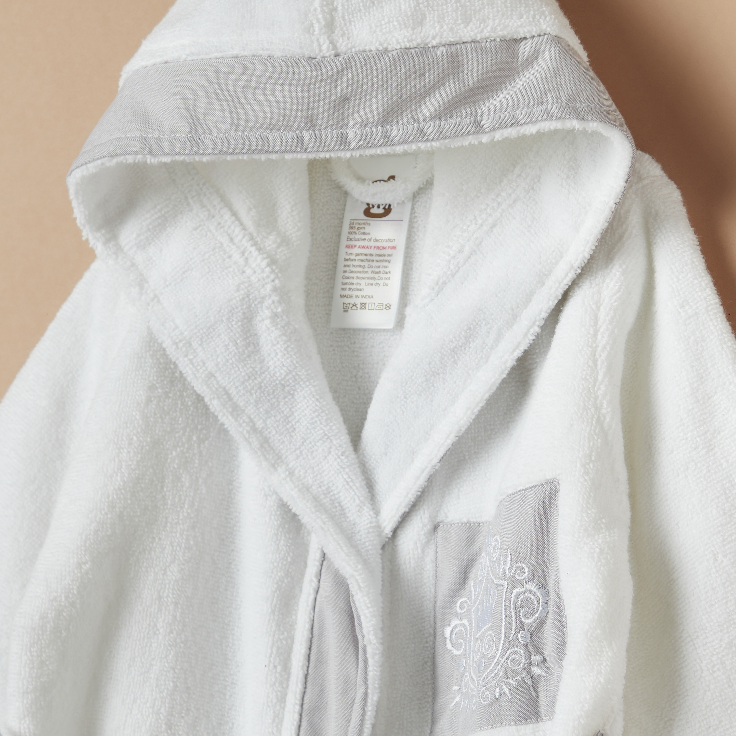 Giggles Embroidered Hooded Bathrobe with Long Sleeves - 12 months-baby-bathandcare-towels-image-2
