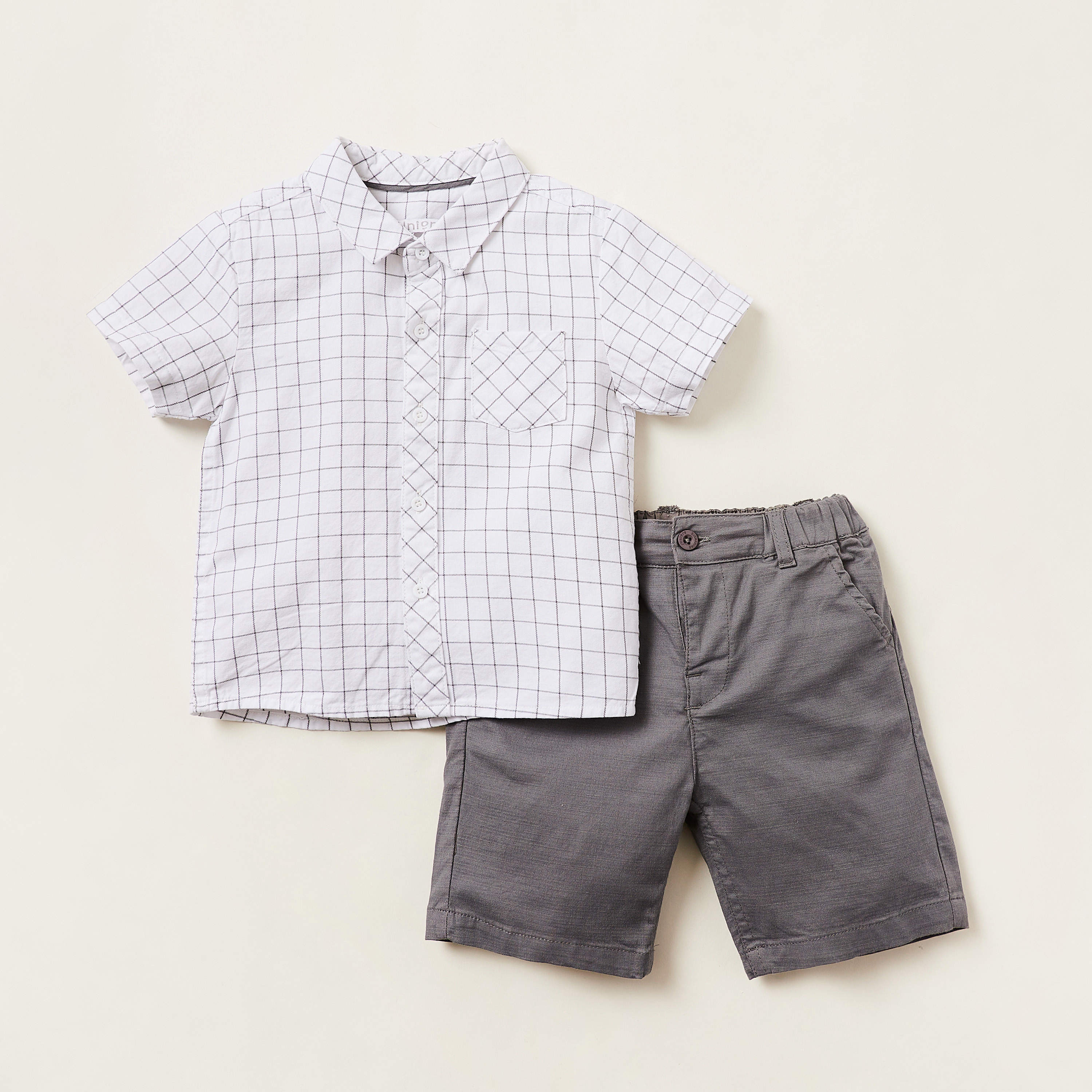 Juniors Chequered Shirt and Solid Shorts Set-baby-boys-clothing-setsandcoords-image-1