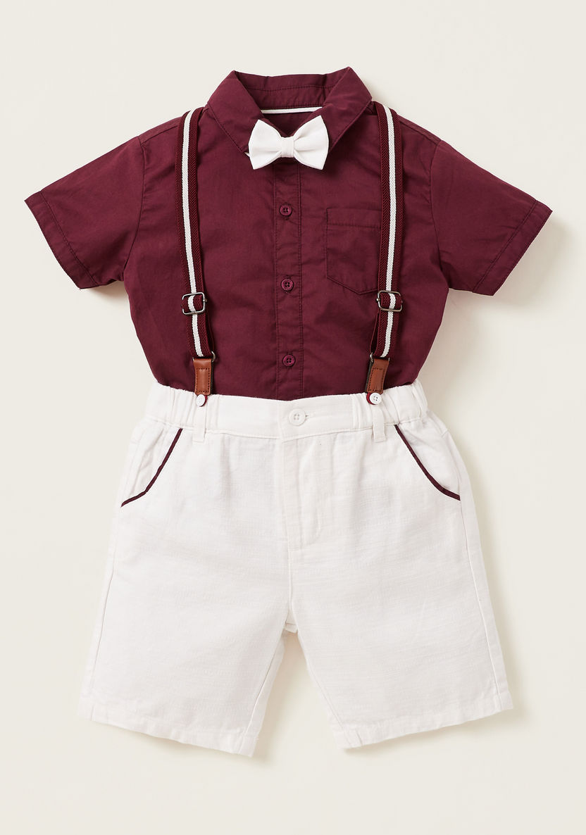 Juniors Solid Shirt with Bow Applique and Shorts with Suspenders Set-Clothes Sets-image-0