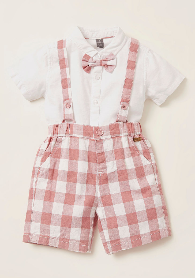 Giggles Solid Short Sleeves Shirt with Checked Shorts and Suspenders-Clothes Sets-image-0