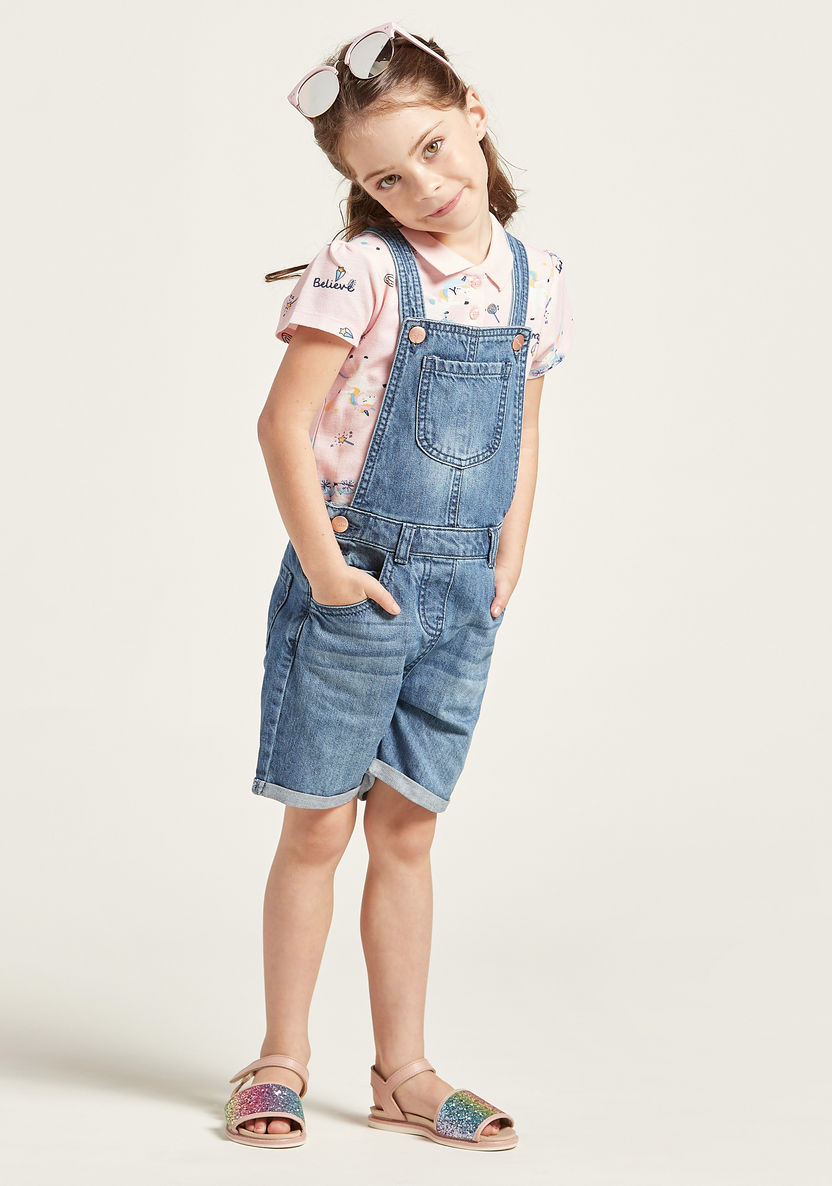 Juniors Solid Denim Dungarees Shorts with Pockets-Rompers%2C Dungarees and Jumpsuits-image-1