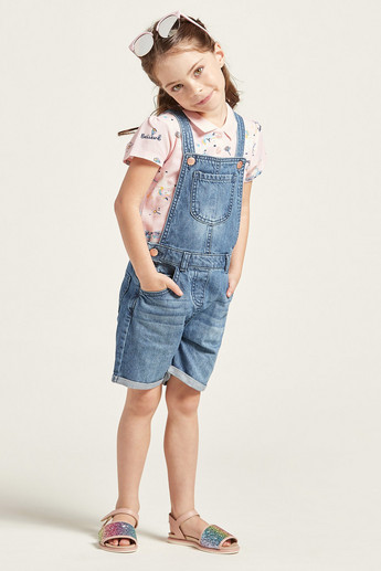 Juniors Solid Denim Dungarees Shorts with Pockets