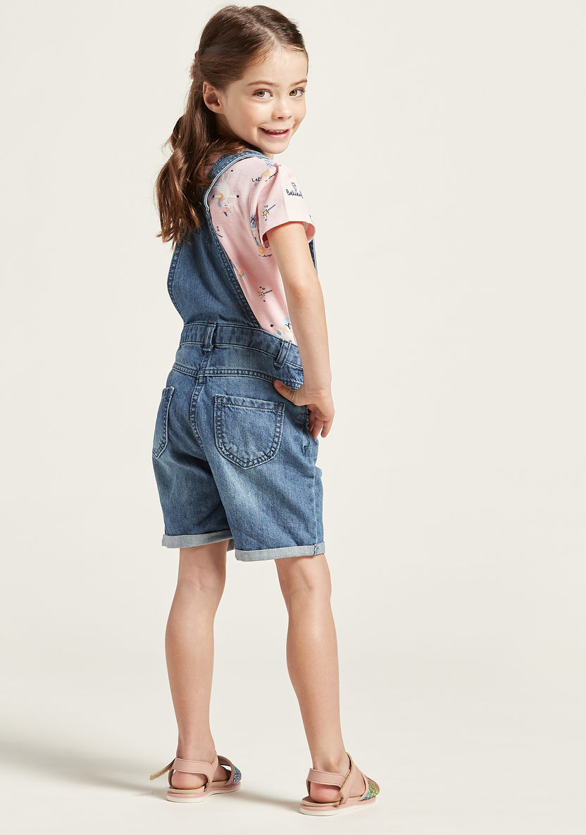 Juniors Solid Denim Dungarees Shorts with Pockets-Rompers%2C Dungarees and Jumpsuits-image-3