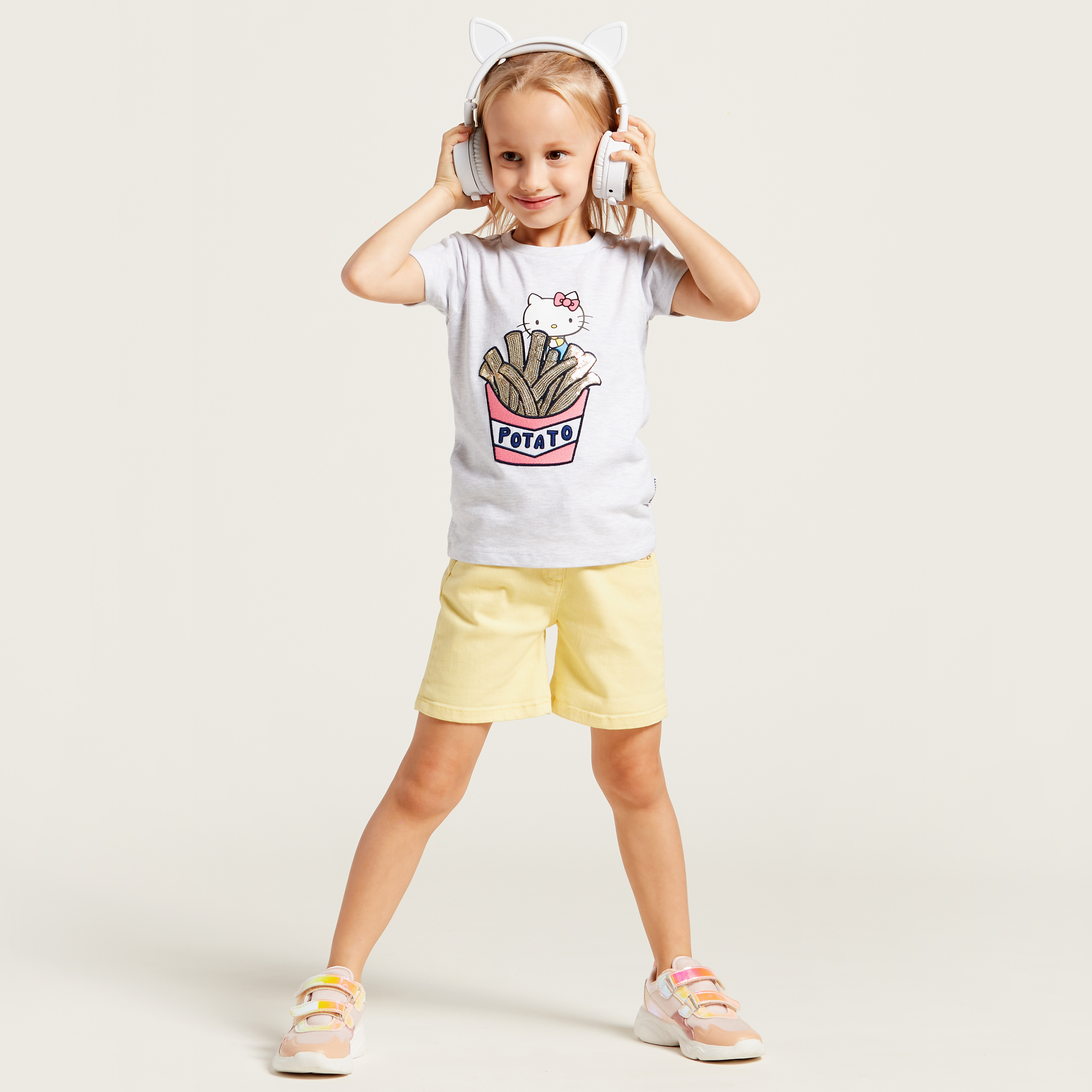 Hello Kitty Sequin Detail T-shirt with Round Neck and Short Sleeves-girls-clothing-tshirts-image-1