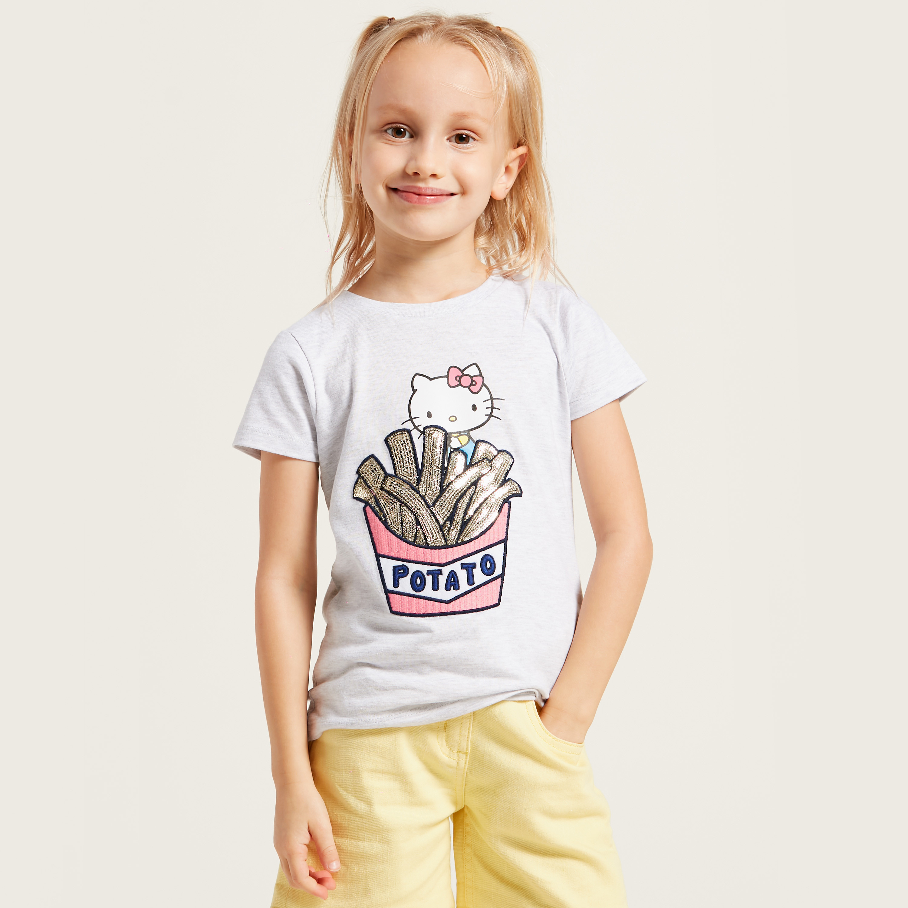 Hello Kitty Sequin Detail T-shirt with Round Neck and Short Sleeves-girls-clothing-tshirts-image-2