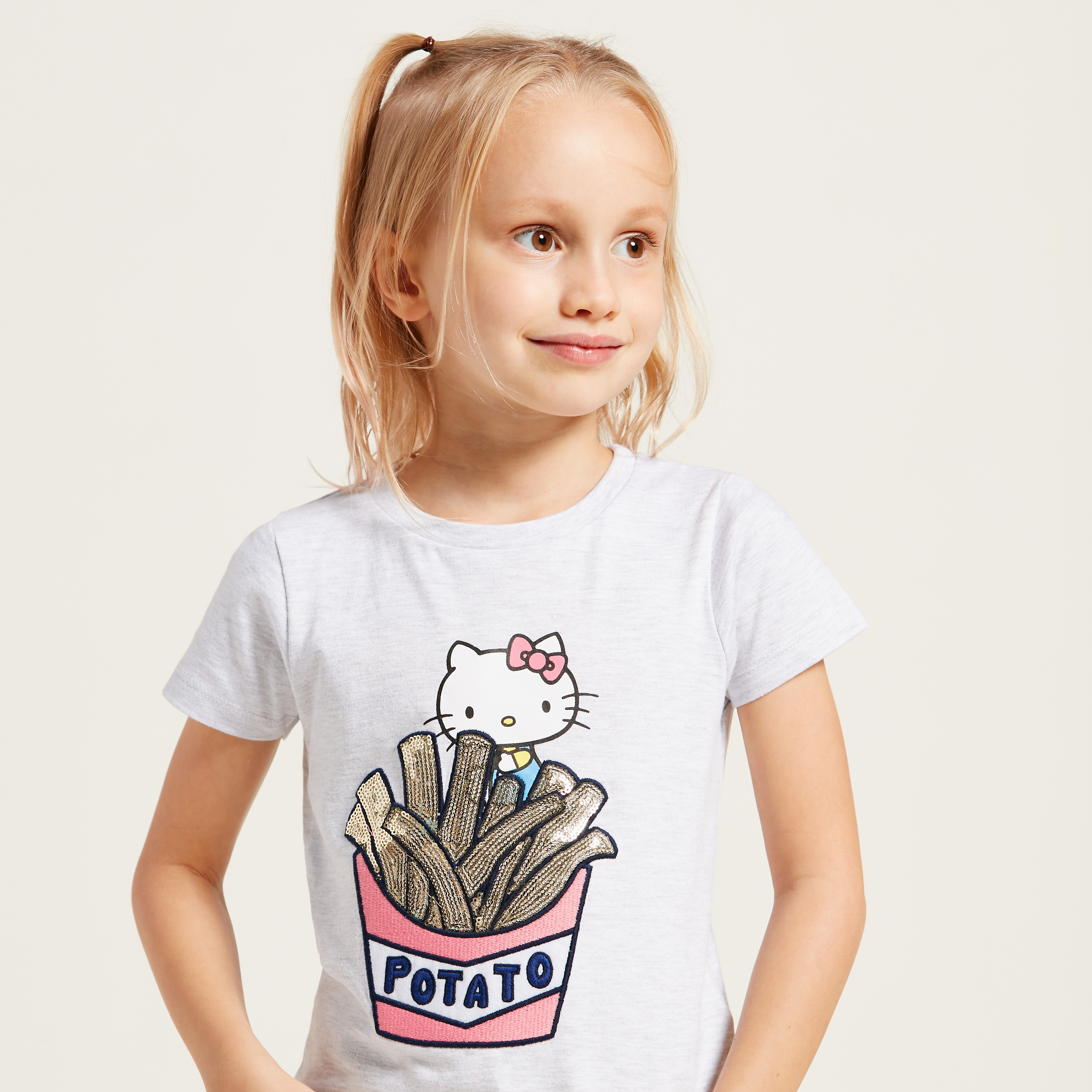 Hello Kitty Sequin Detail T-shirt with Round Neck and Short Sleeves-girls-clothing-tshirts-image-3