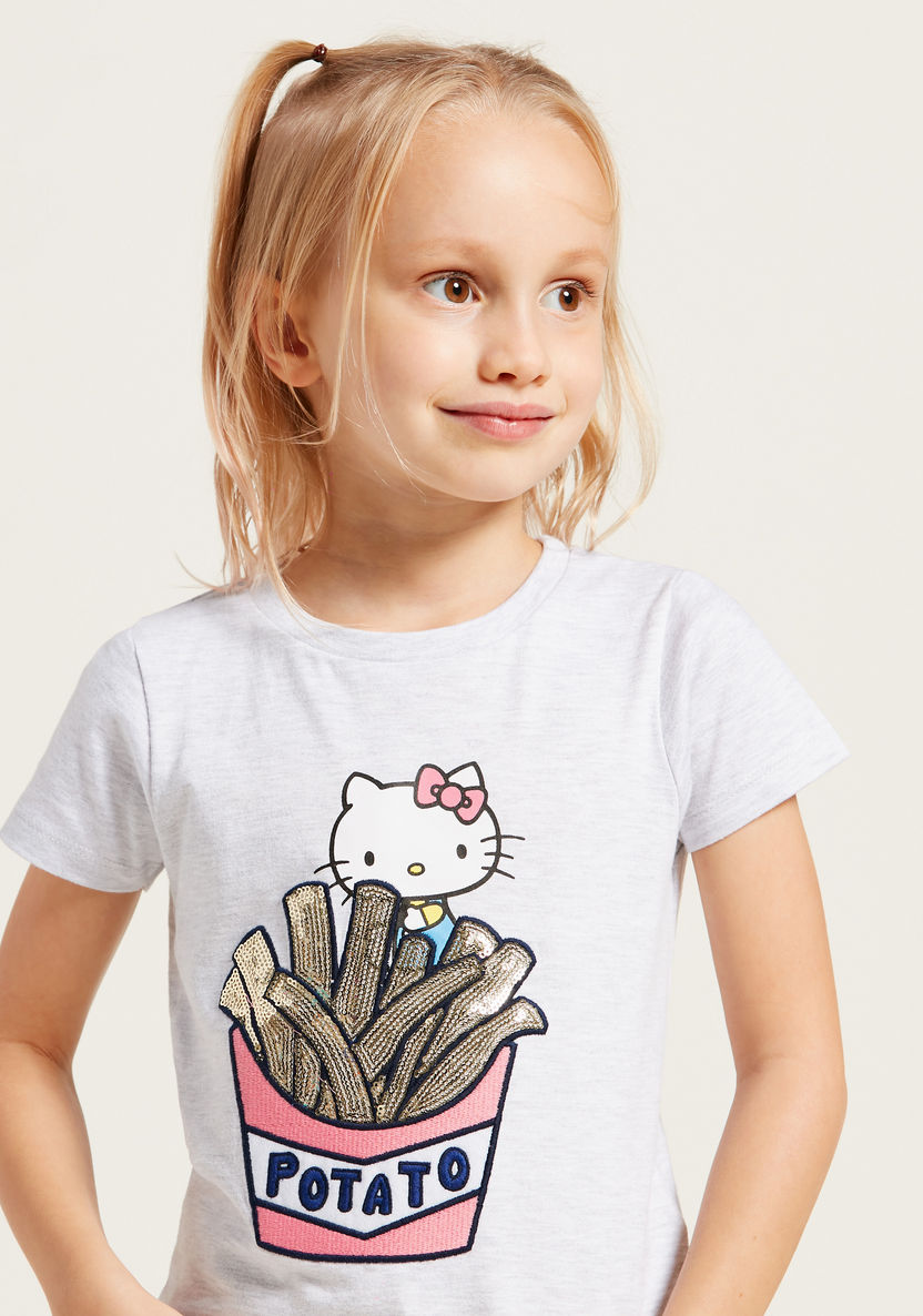 Hello Kitty Sequin Detail T-shirt with Round Neck and Short Sleeves-T Shirts-image-2