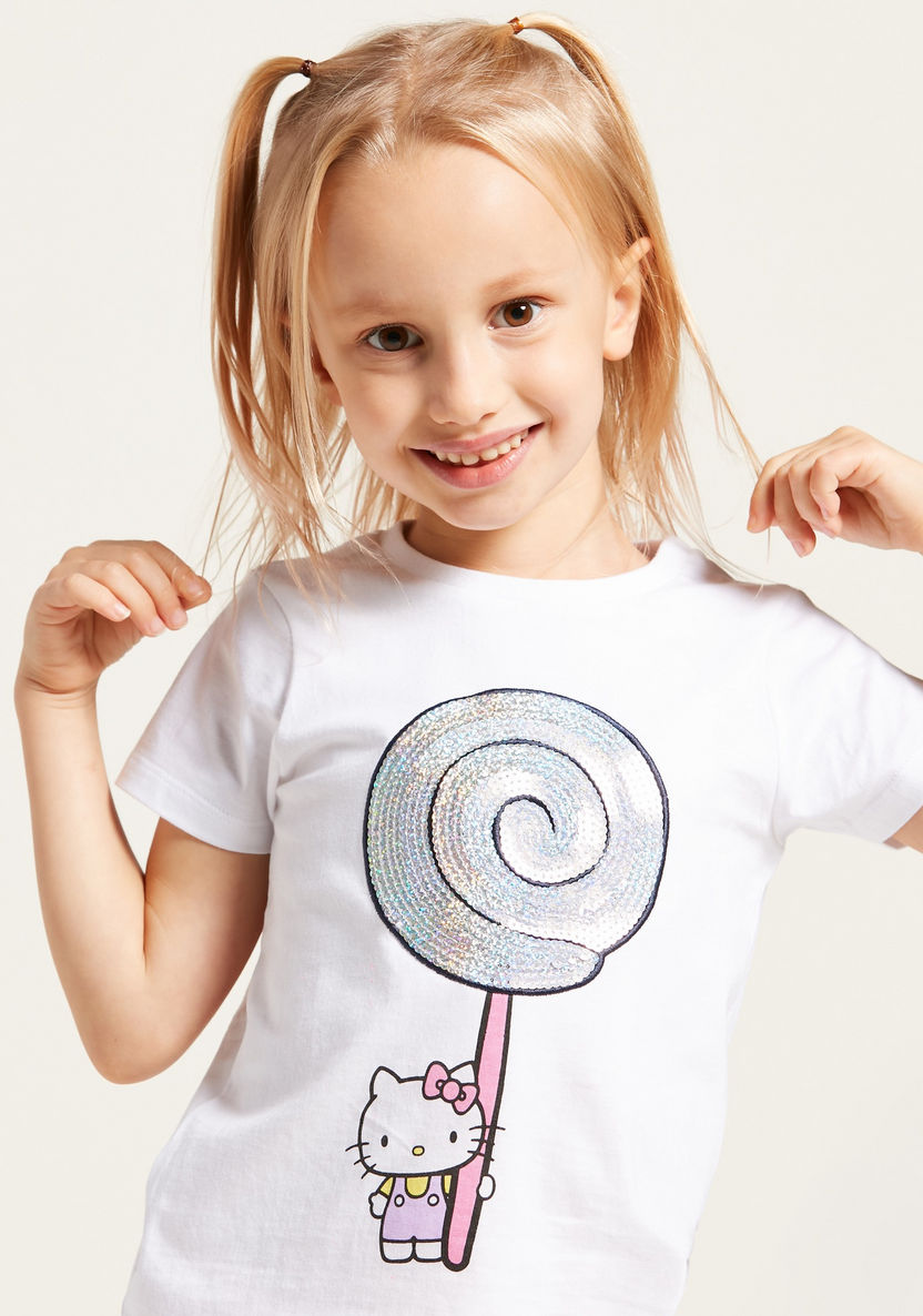 Hello Kitty Sequin Detail T-shirt with Round Neck and Short Sleeves-T Shirts-image-1
