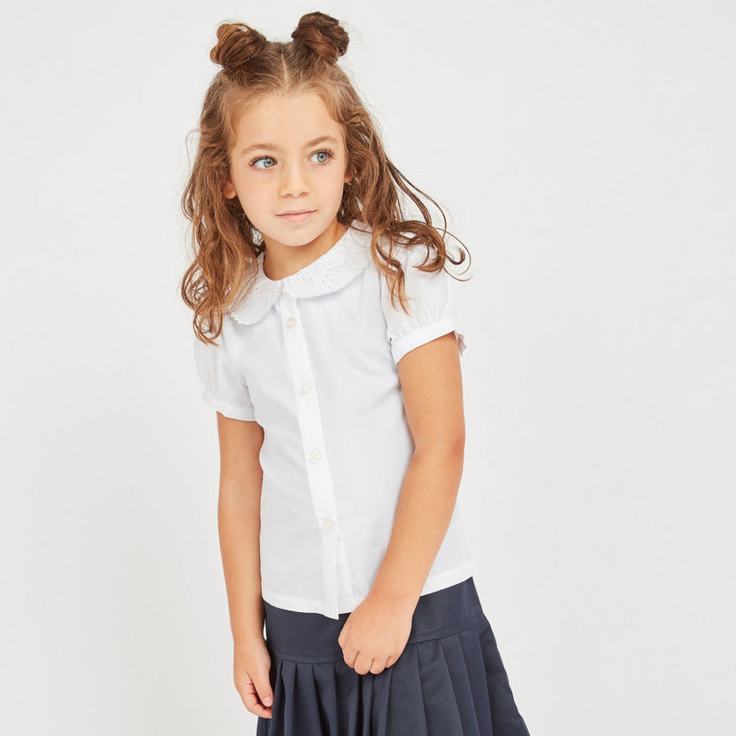 Juniors Solid Top with Schiffli Detail Collar and Short Sleeves-Blouses-image-0
