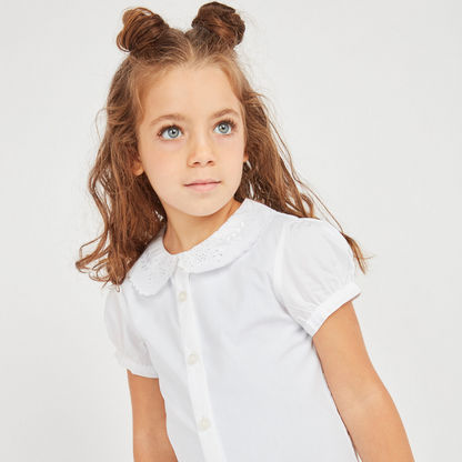 Juniors Solid Top with Schiffli Detail Collar and Short Sleeves