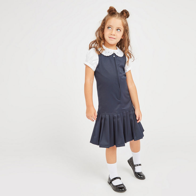 Juniors Solid Top with Schiffli Detail Collar and Short Sleeves-Blouses-image-2