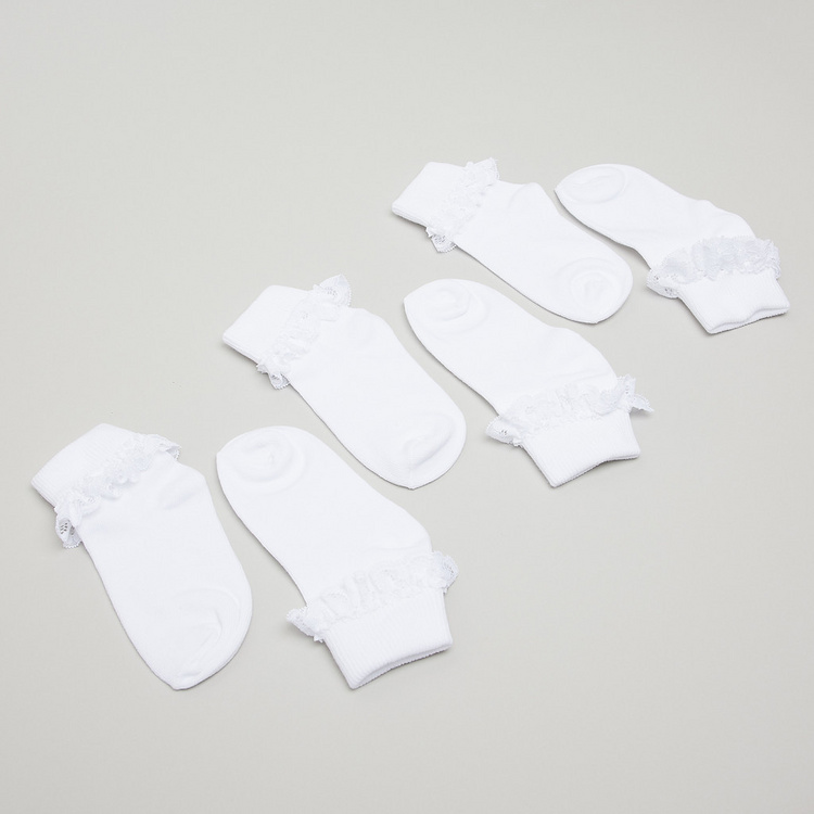 Juniors Lace Detail Ankle-Length Socks with Cuffed Hem - Set of 3