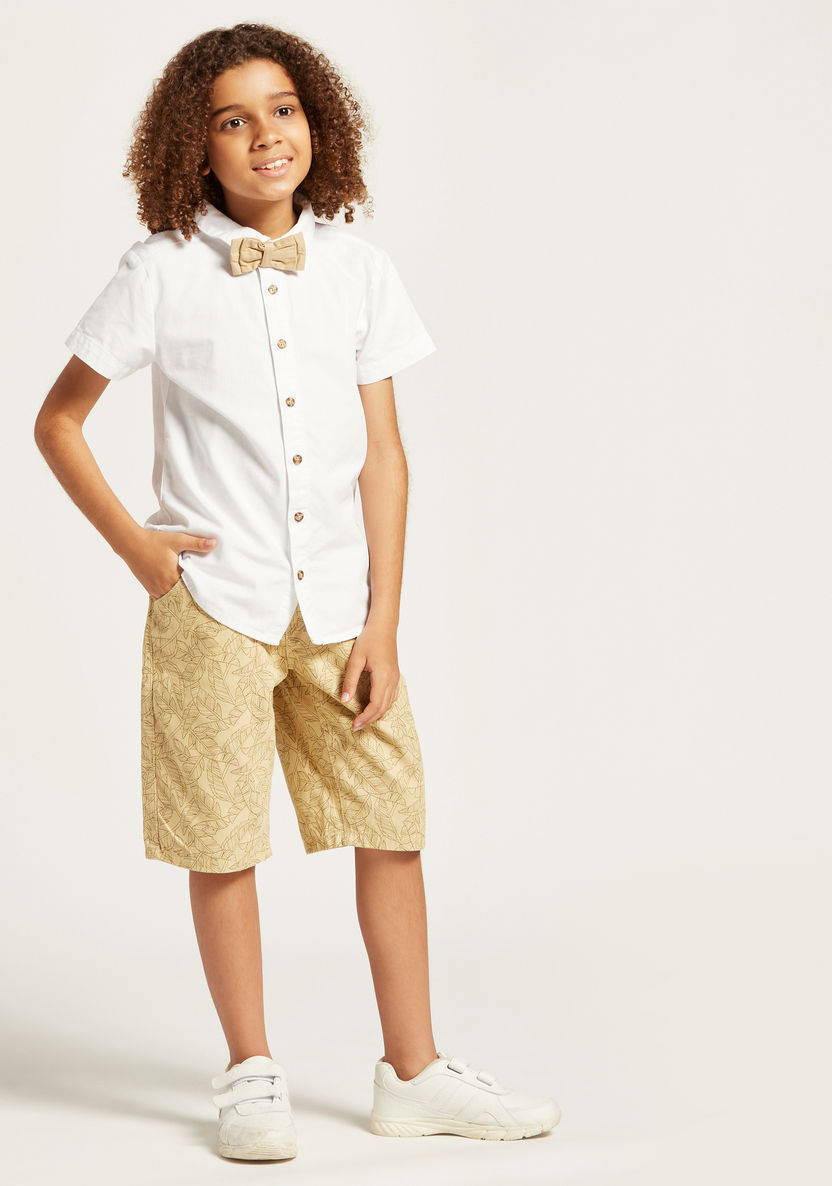 Juniors Solid Bow Detailed Shirt and Printed Shorts Set-Clothes Sets-image-1