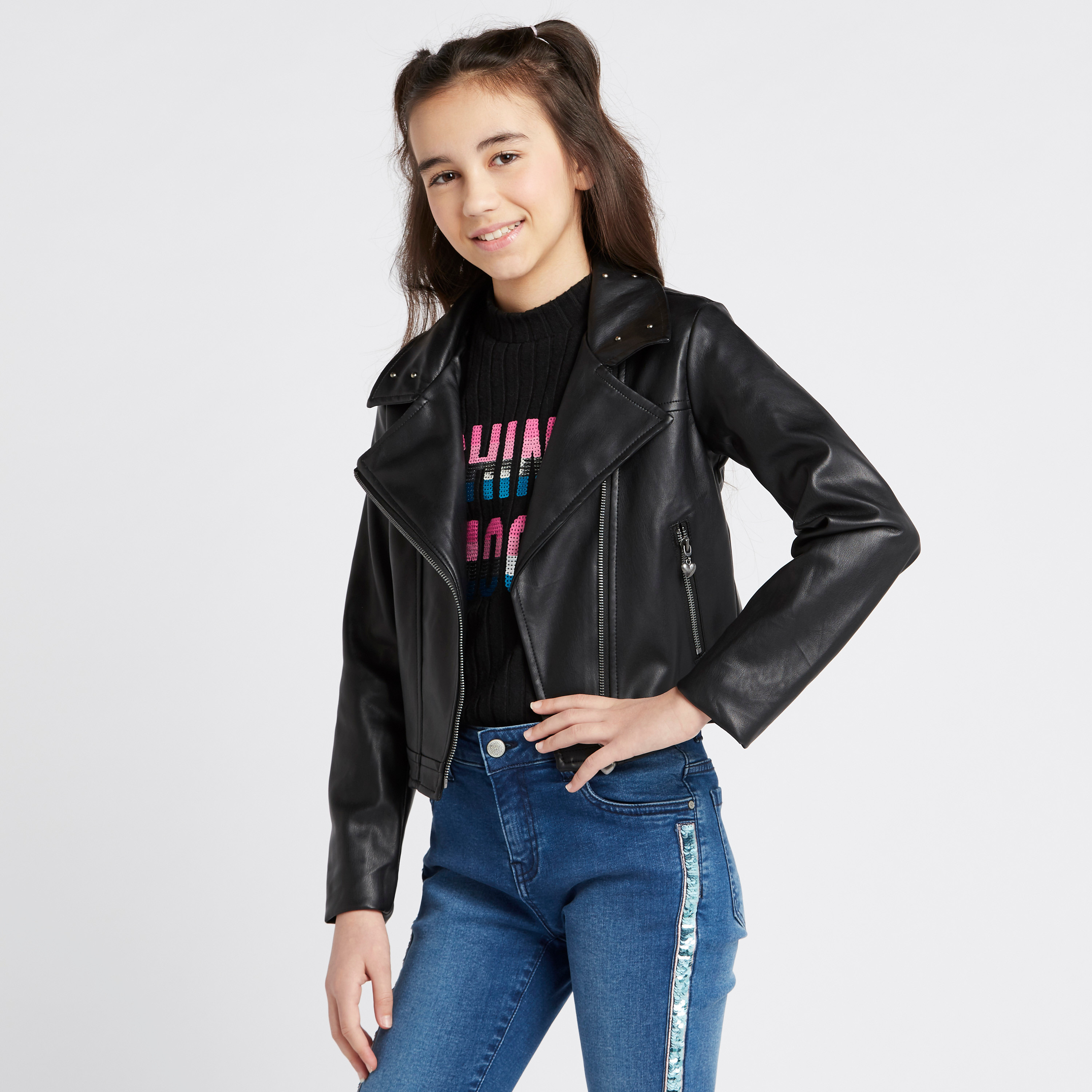 Lee Cooper Biker Jacket with Long Sleeves and Asymmetric Zipper-girls-clothing-winterwear-jacketsandcoats-image-1